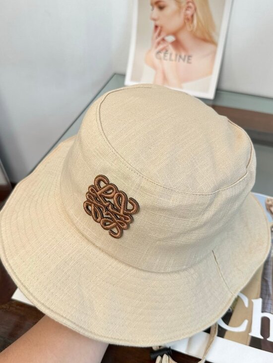Loewe Beige Linen Anagram Embroidered Bucket Hat Adjustable Drawstring Wide Brim main image 6